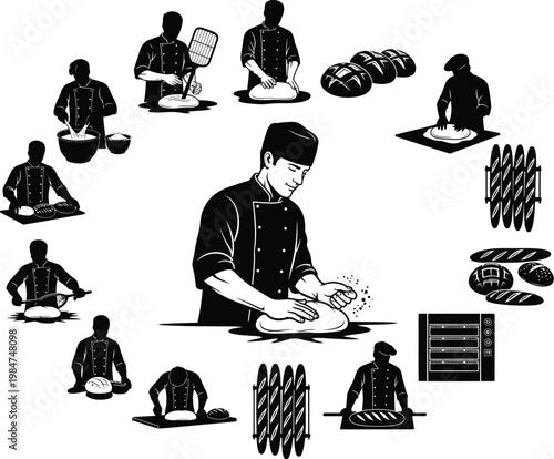 Baker working with dough surrounded by baking icons in a circular design black and white silhouette preparation illustration circular culinary industry ingredients kneading restaurant