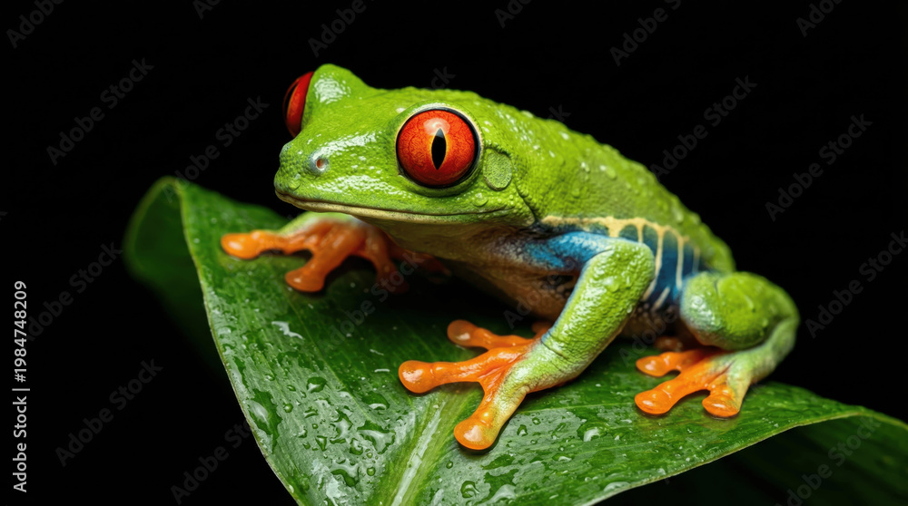 Obraz premium A green frog sits on a green leaf with raindrops