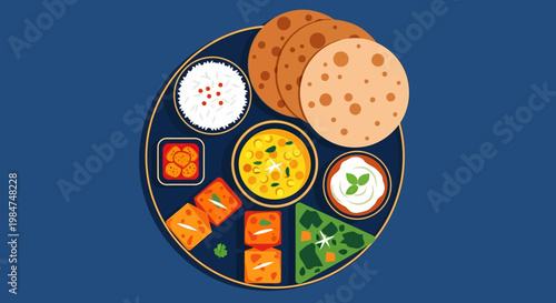 Top view flat design vector illustration of a vegetarian Indian Thali with various curries, bread, and rice.