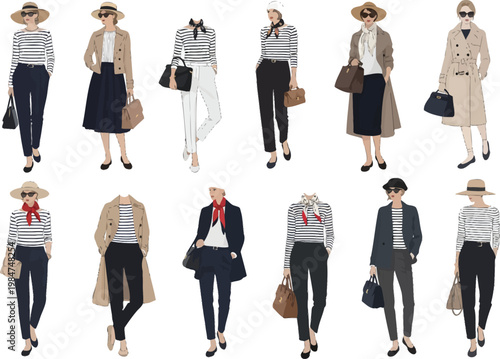 Stylish women's fashion outfits with striped tops and outerwear trench coat clothing store outfit ideas capsule wardrobe fashion model fashion photography clothing rack fashion forward
