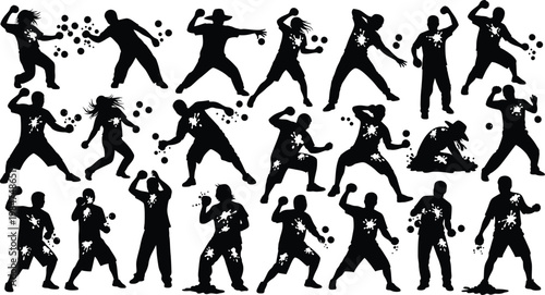 Silhouette collection of figures throwing objects with silhouette throwing collection movement isolated graphics illustration activity competition particles scattered grouping representati