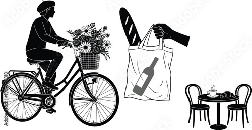 Person cycling with flowers shopping bag with wine bottle illustration bistro table and chairs black and white eco friendly eating outside line art silhouette illustration transport outdoors