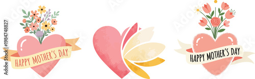 Happy Mother's Day Floral Heart Vector Illustration Set with Watercolor Style and Elegant Banners
