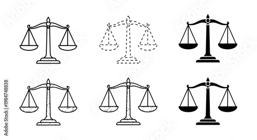 Balance scale scales icon set with monochrome outlines and solid silhouettes for legal justice graphic design