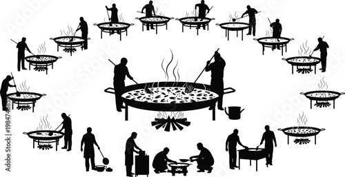 Circle of chefs cooking paella in large pan cooking event illustration black and white outdoor cooking rice dish cooking class illustration gathering festival preparation community teamwork