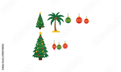 Holiday decorations featuring christmas trees, baubles, and a palm tree.