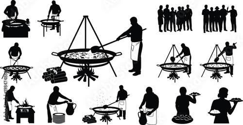 Collection of silhouettes of people cooking and serving food outdoors with black and white silhouettes gathering illustration activity lifestyle catering festival celebration gastronomy