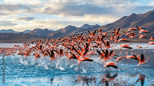 Flamingos are seen taking off from a lake in the Andes mountains
