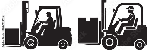 A black silhouette depicts a forklift truck operated by a worker wearing a cap showcasing industrial logistics silhouette. Forklift truck vector illustration.