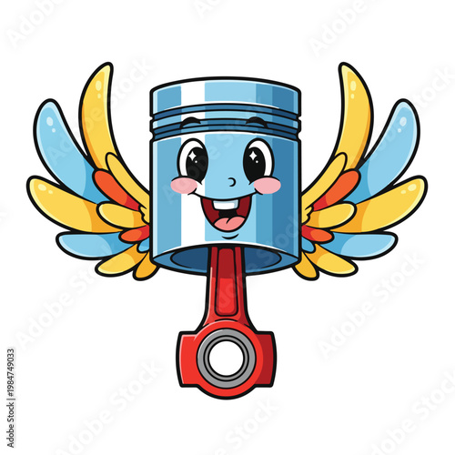 A happy cartoon piston mascot with colorful wings smiles brightly, depicted in a whimsical, stylized illustration against a clean white background, conveying a joyful and energetic mood