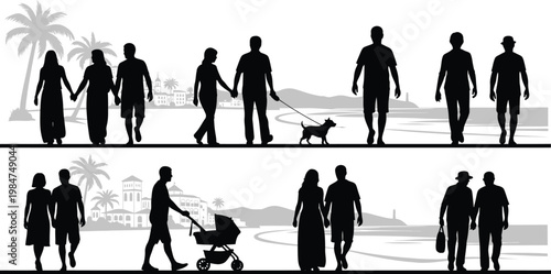 Silhouettes of people and families walking by the beach with palm tree silhouette stroller tropical vacation lifestyle illustration