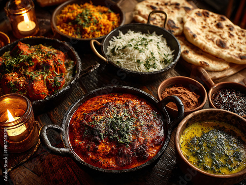 A lavish spread of authentic Indian cuisine, including naan bread, curries, basmati rice, and glowing candlelight, creating a warm, inviting, and flavorful dining experience.