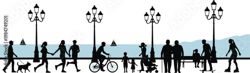 Silhouettes of people and families enjoying a seaside promenade with streetlights silhouette children promenade streetlights lampposts recreation activity lifestyle companionship together