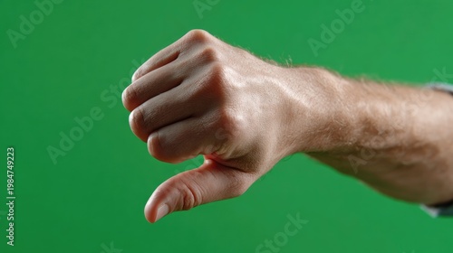 Thumbs Down Gesture on green background: A close-up shot of a hand making a thumbs-down gesture against a vibrant green background, conveying disapproval or rejection.