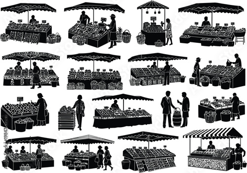 Collection of market stalls with vendors and fresh produce shopping bags vegetables shopping commerce collection illustrations silhouettes customers umbrellas nutrition agriculture