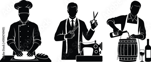 Professional silhouettes: chef seamster beverage server with sewing machine chef hat wine glass wine bottle black and white profession silhouette seamster scissors bartender occupation