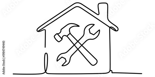Single line drawing of a house with a hammer and wrench inside for home repair and maintenance.