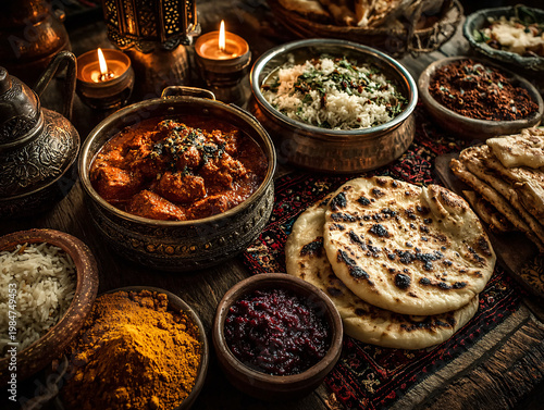 A lavish spread of authentic Indian cuisine, including naan bread, curries, basmati rice, and glowing candlelight, creating a warm, inviting, and flavorful dining experience.