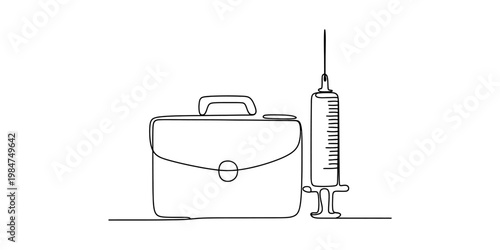 Minimalist continuous line drawing of a medical briefcase and a syringe on a white background.