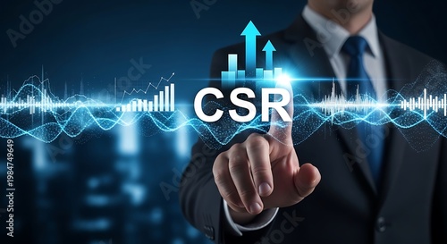 Businessman touching C S R corporate social responsibility concept with graphs and sound waves in suit