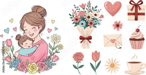 Happy Mother's Day Illustration Set with Cute Mother Hugging Daughter, Flower Bouquet, Gift Box, and Sweet Elements in Flat Vector Style