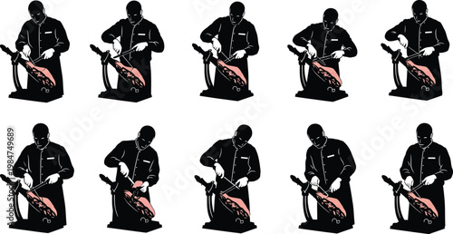 Set of silhouette illustrations of a professional chef carving a leg of cured spanish jamon on a traditional stand with silhouette restaurant traditional professional culinary preparation