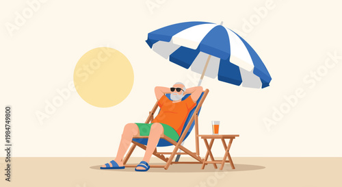 Senior man relaxing on beach chair under sun umbrella flat vector illustration for summer vacation and retirement concepts