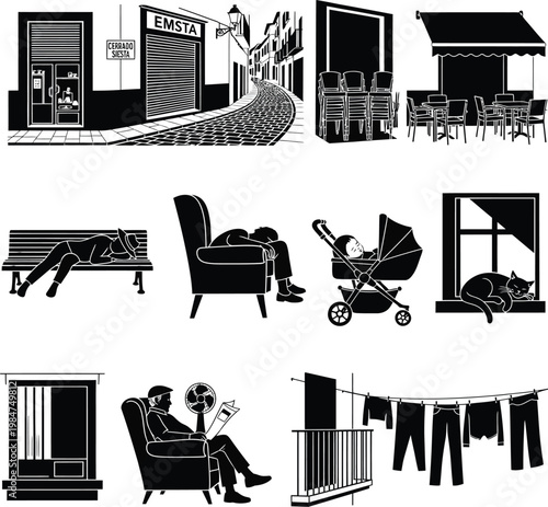 Silhouette vector graphic set featuring mediterranean town scenes domestic life activities and daily urban elements silhouette lifestyle domestic sleeping armchair stroller architecture