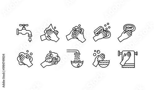 Hand washing process line icons set with soap water tap and hygiene steps vector design