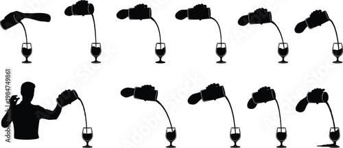 Silhouette sequence graphic showing the progressive motion of pouring a beverage into a glass from a pitcher with silhouette beverage sequence movement hospitality bartender refreshment