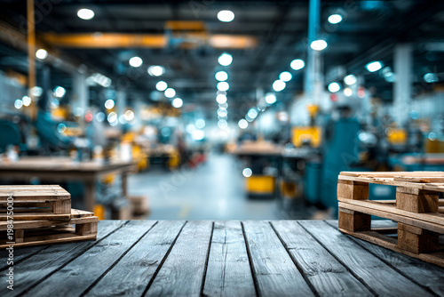 Wooden table top with blurred factory background and pallets, industrial setting.
