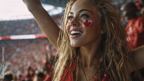 Euphoric woman in a football stadium with her face painted with the colors of the Canadian flag, cheering and supporting her team.