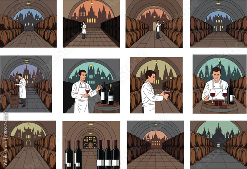 Detailed illustrations of a wine cellar and sommelier tasting red wine amidst rows of aging oak barrels with sommelier winemaking vineyard production beverage professional basement underground