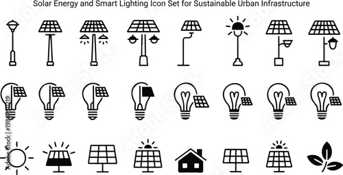 Comprehensive solar energy and smart lighting icon collection for modern sustainable urban infrastructure designs