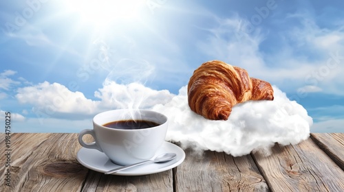 Coffee Saucer Grounded Table Croissant Cloud Above