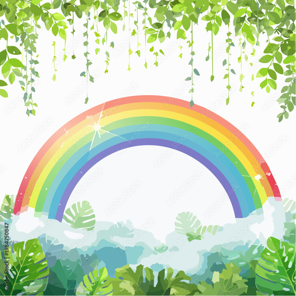 Naklejka premium Vibrant Rainbow Arching Over Lush Greenery and Soft Clouds, A Symbol of Hope and Nature's Beauty