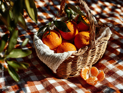A wicker basket filled with fresh, sun-ripened oranges with green leaves, spilling onto a vibrant floral tablecloth, bathed in warm, dappled sunlight with a vintage film aesthetic.