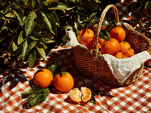 A wicker basket filled with fresh, sun-ripened oranges with green leaves, spilling onto a vibrant floral tablecloth, bathed in warm, dappled sunlight with a vintage film aesthetic.