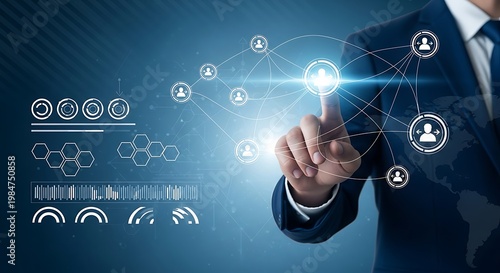 Businessman touching network connection on blue background with suit finger