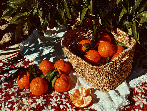 A wicker basket filled with fresh, sun-ripened oranges with green leaves, spilling onto a vibrant floral tablecloth, bathed in warm, dappled sunlight with a vintage film aesthetic.
