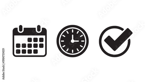 Time Management Icons Set Calendar Clock Checkmark Black Silhouette for Scheduling Productivity and Task Organization