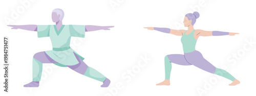 A clean flat illustration set of a person in a "Warrior II" pose, simple organic shapes, no stroke, isolated on a pure white background.