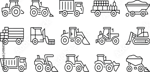 Collection of agricultural machinery and farm vehicle icons in linear style, modern farming industry equipment set in clean vector illustration