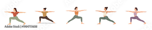A modern flat illustration series of a person holding the Warrior II yoga pose, created with soft organic shapes, no stroke, set against a pure white background.