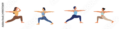 A modern flat illustration series of a person holding the Warrior II yoga pose, created with soft organic shapes, no stroke, set against a pure white background.