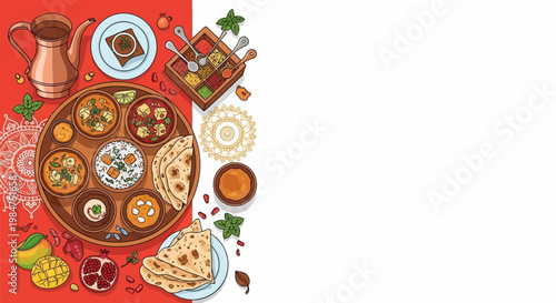 Indian Food Thali Vector Illustration with Curry, Rice, Naan Bread, and Spice Box on Red and White Background