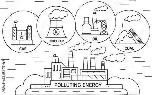 Line art illustration showing various polluting energy sources like gas, nuclear, oil, and coal industries