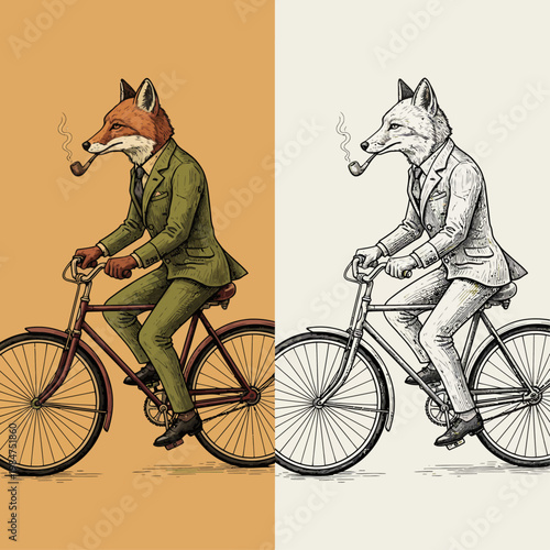 Two anthropomorphic animals riding bicycles side by side in formal wear