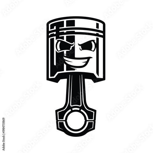 A stylized black and white graphic of a grinning piston mascot with a mischievous expression, presented as a flat illustration against a clean white background, conveying a bold
