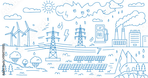 Line illustration showcasing various energy sources and infrastructure including wind turbines and solar panels